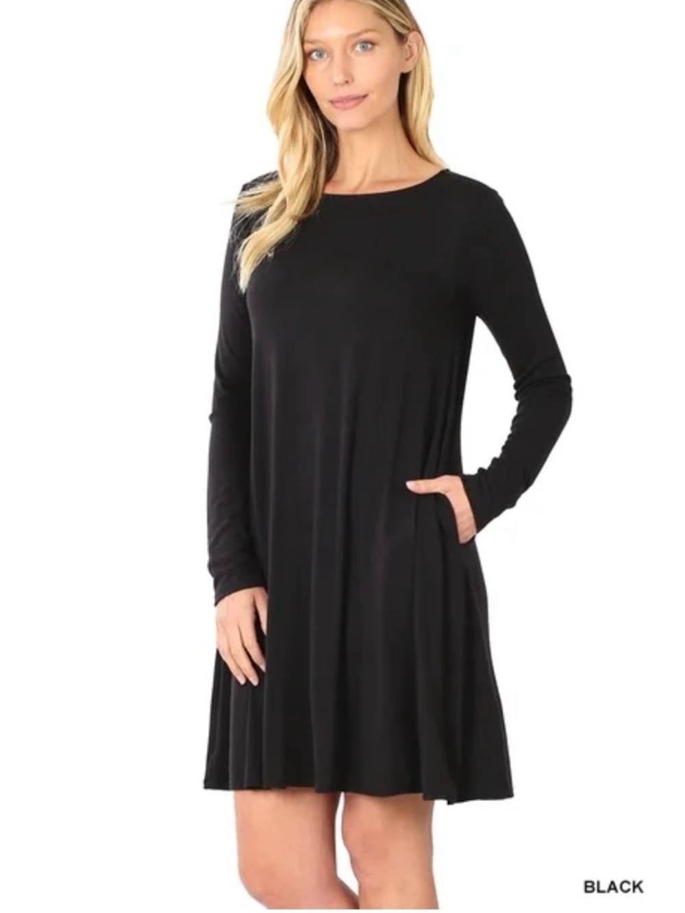 Zenana Women’s Black Stretch Jersey Knit Long‎ Sleeve Swing Dress with Pockets M